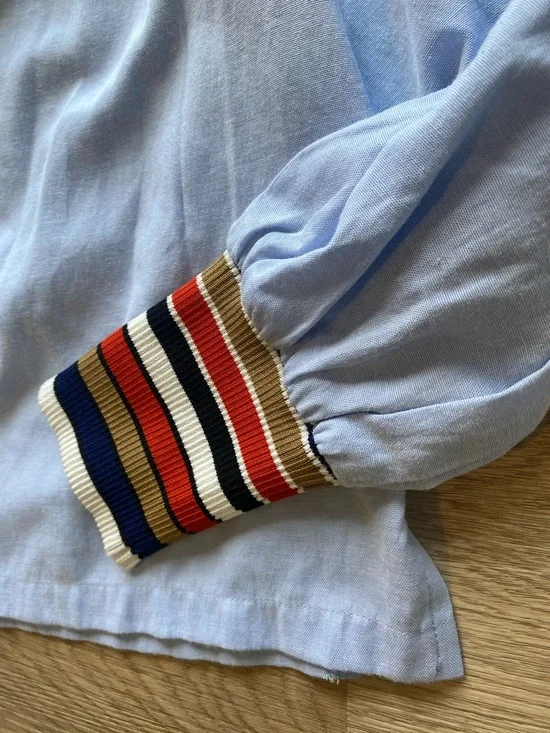 English Factory Blue Off Shoulder Stripe Trim Top Small Preppy Coastal Chic - Picture 5 of 10